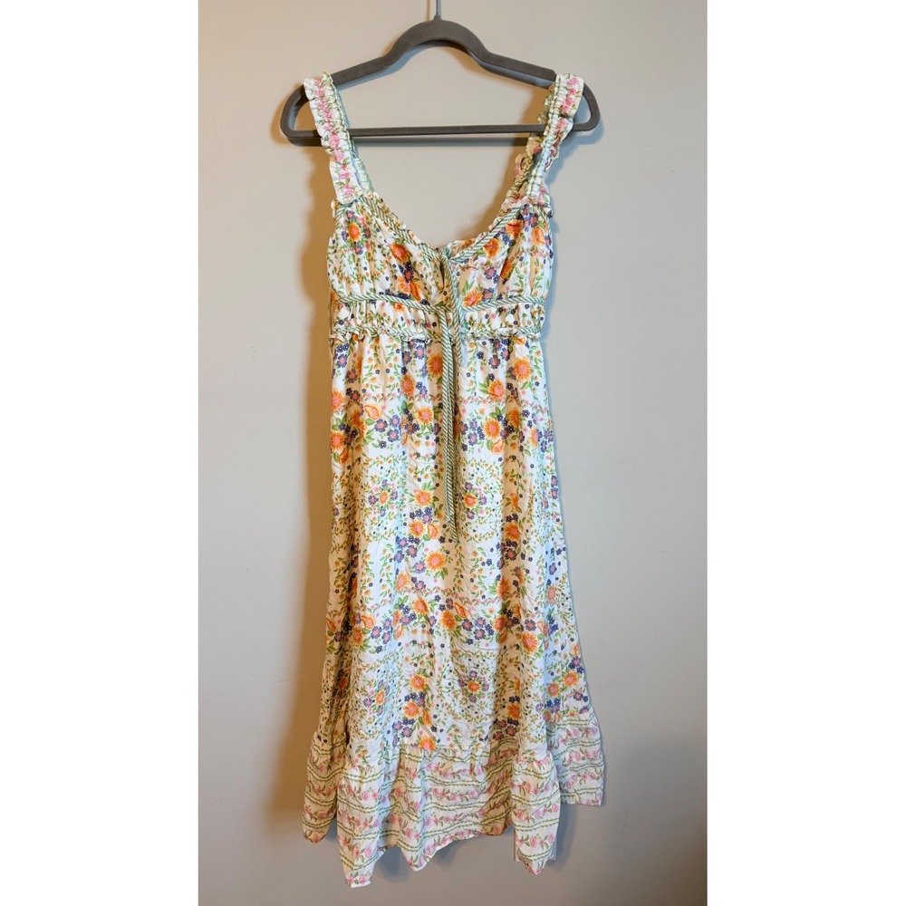 Blu Pepper Floral Midi Dress Large Ruffle Strap Cottagecore Empire Waist Orange